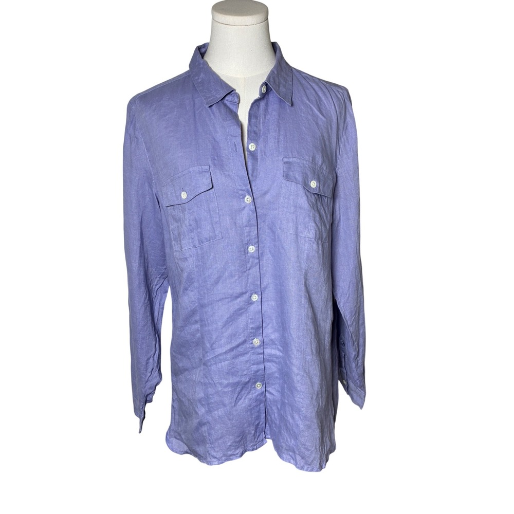 J.Jill Love Linen Blue Button Down Shirt Dual Pocket Coastal Size M